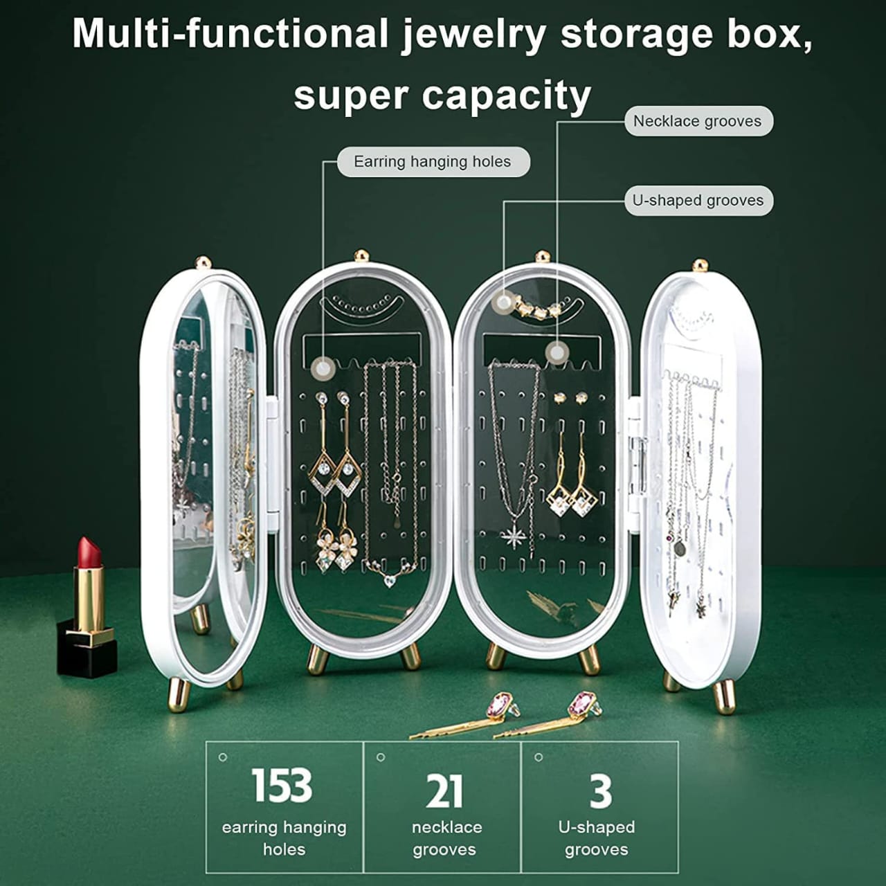 Foldable 4-Tier Jewellery Storage Box, 153 Earring Holes, 21 Necklace Grooves, Built-in Mirror,