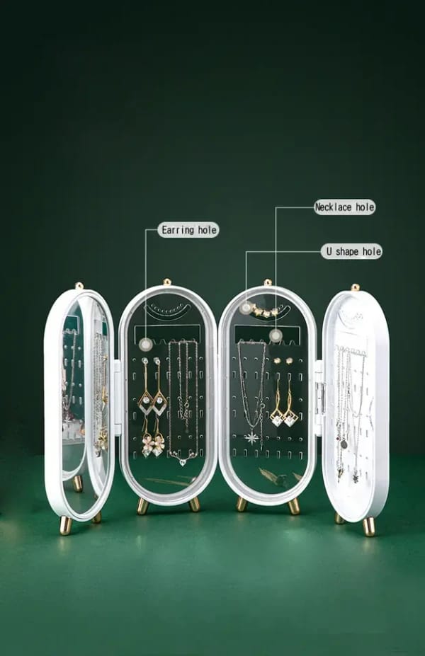 Foldable 4-Tier Jewellery Storage Box, 153 Earring Holes, 21 Necklace Grooves, Built-in Mirror,
