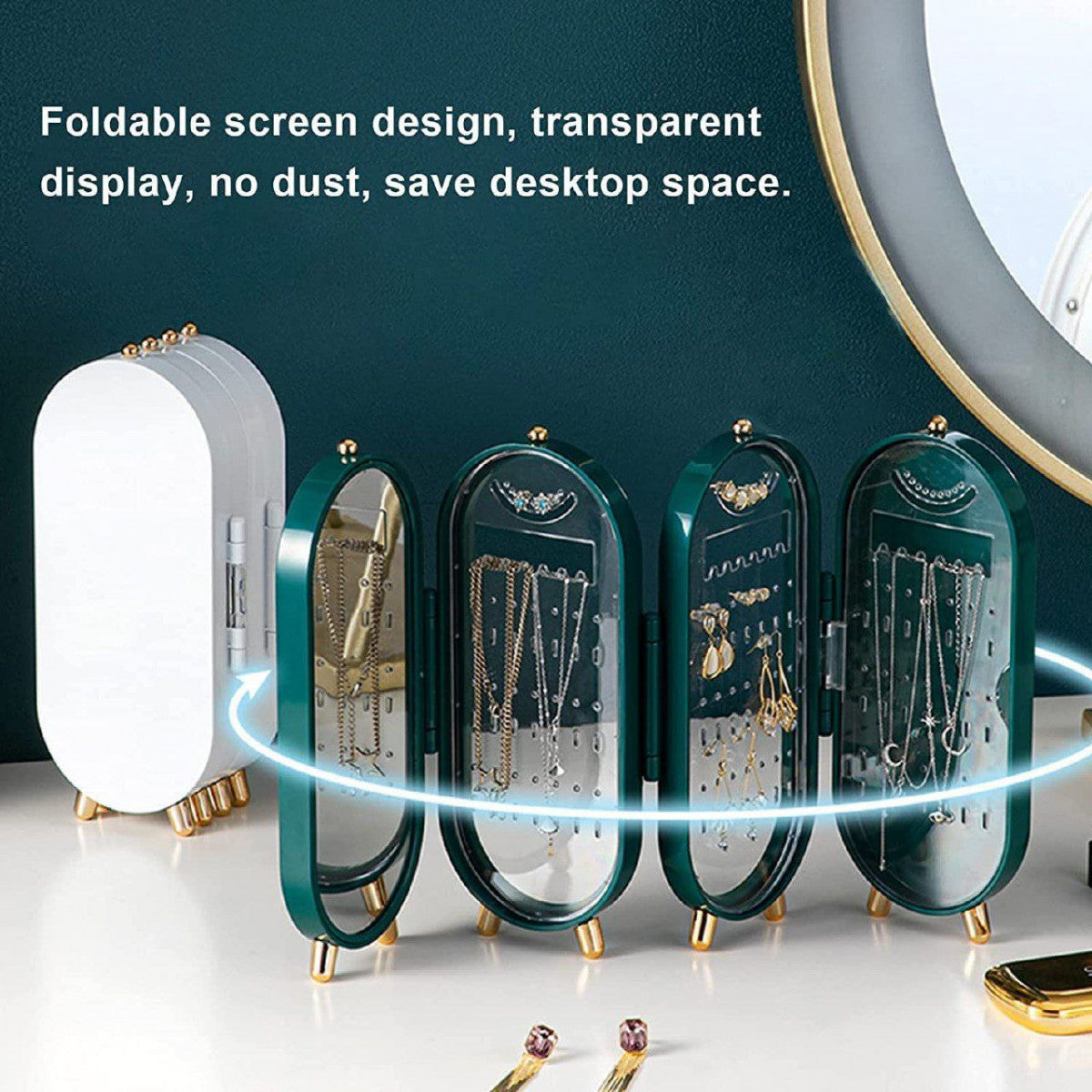 Foldable 4-Tier Jewellery Storage Box, 153 Earring Holes, 21 Necklace Grooves, Built-in Mirror,
