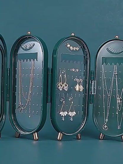 Foldable 4-Tier Jewellery Storage Box, 153 Earring Holes, 21 Necklace Grooves, Built-in Mirror,